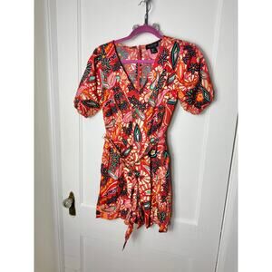 Rachel Zoe Romper Women's S Red Paisley Belt Puff Tropical Boho Resort Coastal